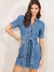 Lavado azul medio - Lipsy Belted Denim Mini Shirt Dress with Waist Seaming Detail - Imagen 1 de 4