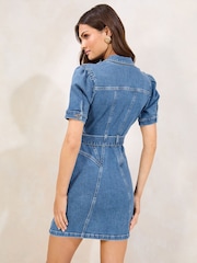 Lavado azul medio - Lipsy Belted Denim Mini Shirt Dress with Waist Seaming Detail - Imagen 4 de 4
