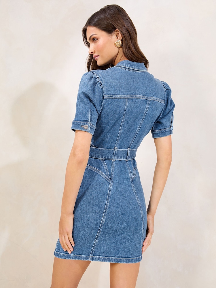Lavado azul medio - Lipsy Belted Denim Mini Shirt Dress with Waist Seaming Detail - Imagen 4 de 4
