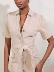 Lipsy Neutral Belted Denim Mini Shirt Dress with Waist Seaming Detail - Image 3 of 4