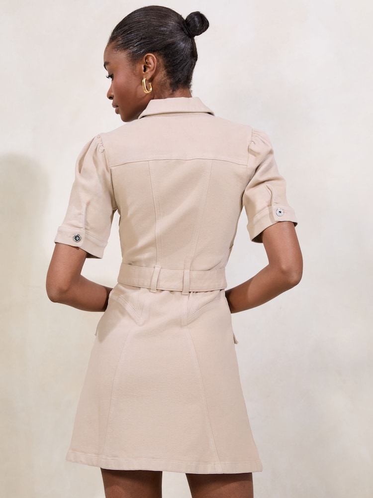 Lipsy Neutral Belted Denim Mini Shirt Dress with Waist Seaming Detail - Image 4 of 4