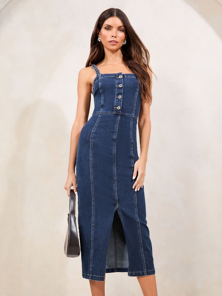Lipsy Blue Strappy Plait Detail Denim Midi Dress - Image 2 of 4