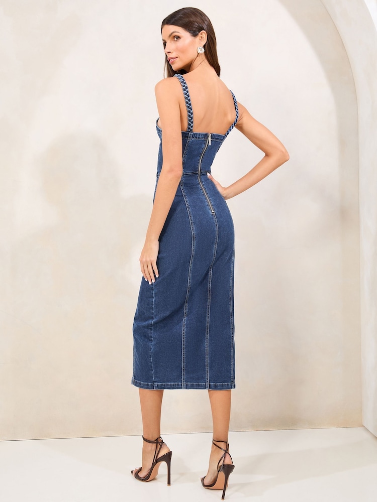 Lipsy Blue Strappy Plait Detail Denim Midi Dress - Image 4 of 4