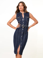 Lipsy Indigo Blue Sleeveless Denim Belted Shirt Dress - Image 1 of 4
