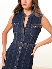 Lipsy Indigo Blue Sleeveless Denim Belted Shirt Dress - Image 3 of 4