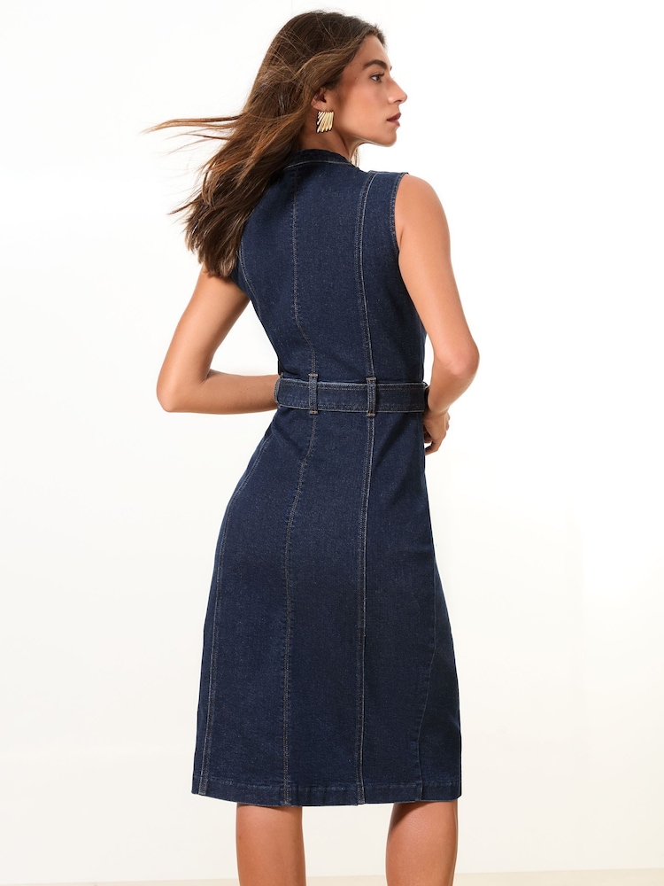 Lipsy Indigo Blue Sleeveless Denim Belted Shirt Dress - Image 4 of 4