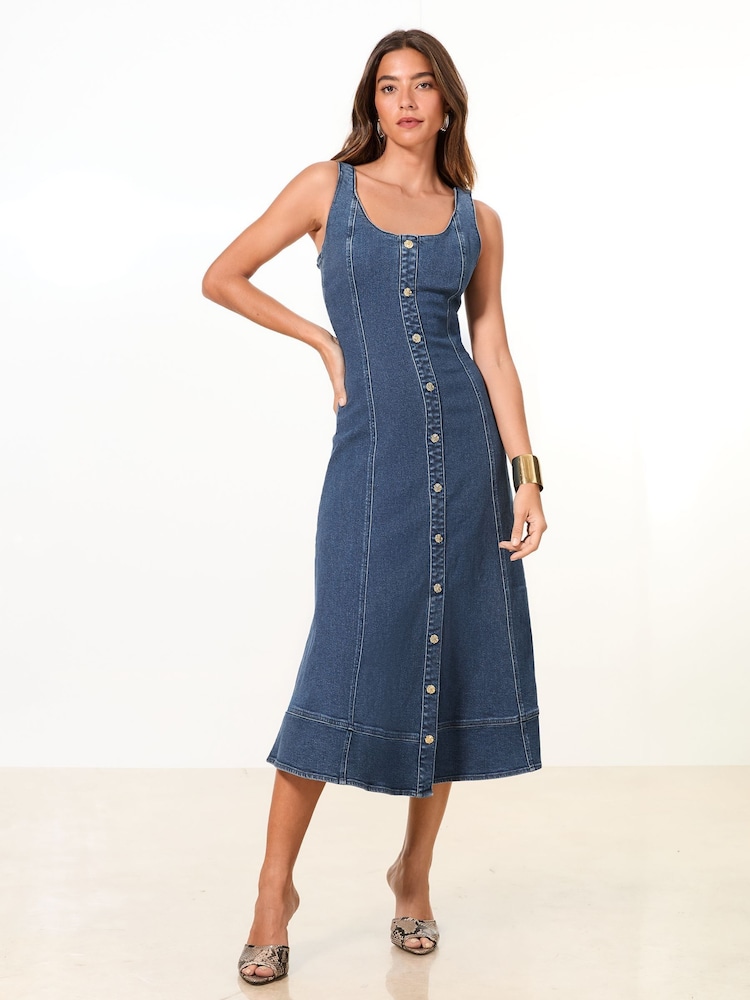 Lipsy Mid Wash Blue Strappy Denim Midi Dress - Image 1 of 5
