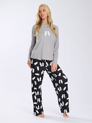 Loungeable Grey Christmas Polar Bear Long Sleeves And Joggers Pyjamas Set - Image 1 of 5
