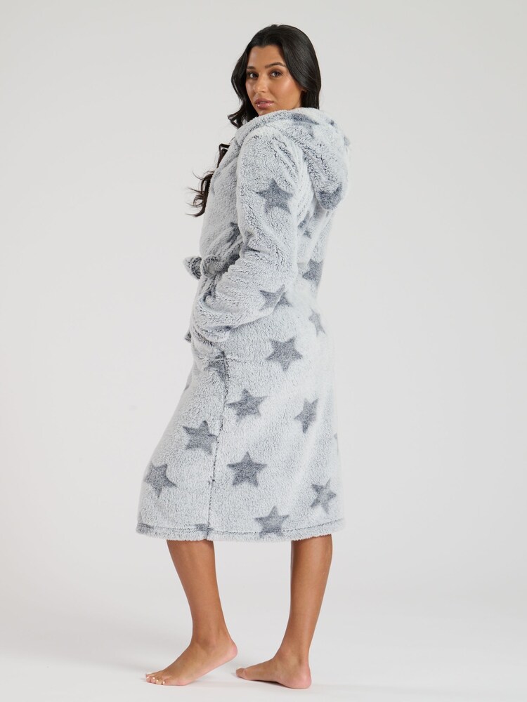 Loungeable Silver Frosted Star Cut Sherpa Hooded Midi Robe - Image 1 of 5