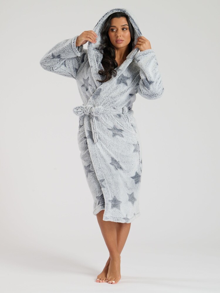 Loungeable Silver Frosted Star Cut Sherpa Hooded Midi Robe - Image 2 of 5
