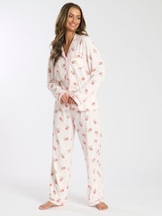 Loungeable Pink Christmas Mistletoe Button Shirt And Long Joggers Pyjamas Set - Image 1 of 5