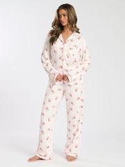 Loungeable Pink Christmas Mistletoe Button Shirt And Long Joggers Pyjamas Set - Image 2 of 5