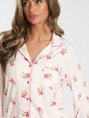 Loungeable Pink Christmas Mistletoe Button Shirt And Long Joggers Pyjamas Set - Image 4 of 5