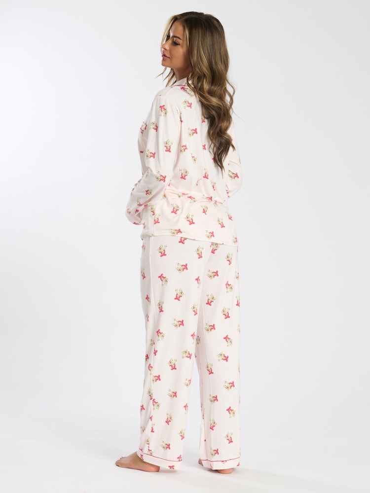 Loungeable Pink Christmas Mistletoe Button Shirt And Long Joggers Pyjamas Set - Image 5 of 5