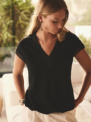 Black Short Sleeve Lace V-Neck Bubblehem 100% Cotton Top - Image 1 of 4