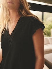 Black Short Sleeve Lace V-Neck Bubblehem 100% Cotton Top - Image 4 of 4