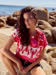 Red/Pink Print Short Sleeve Bubblehem 100% Cotton T-Shirt - Image 1 of 7