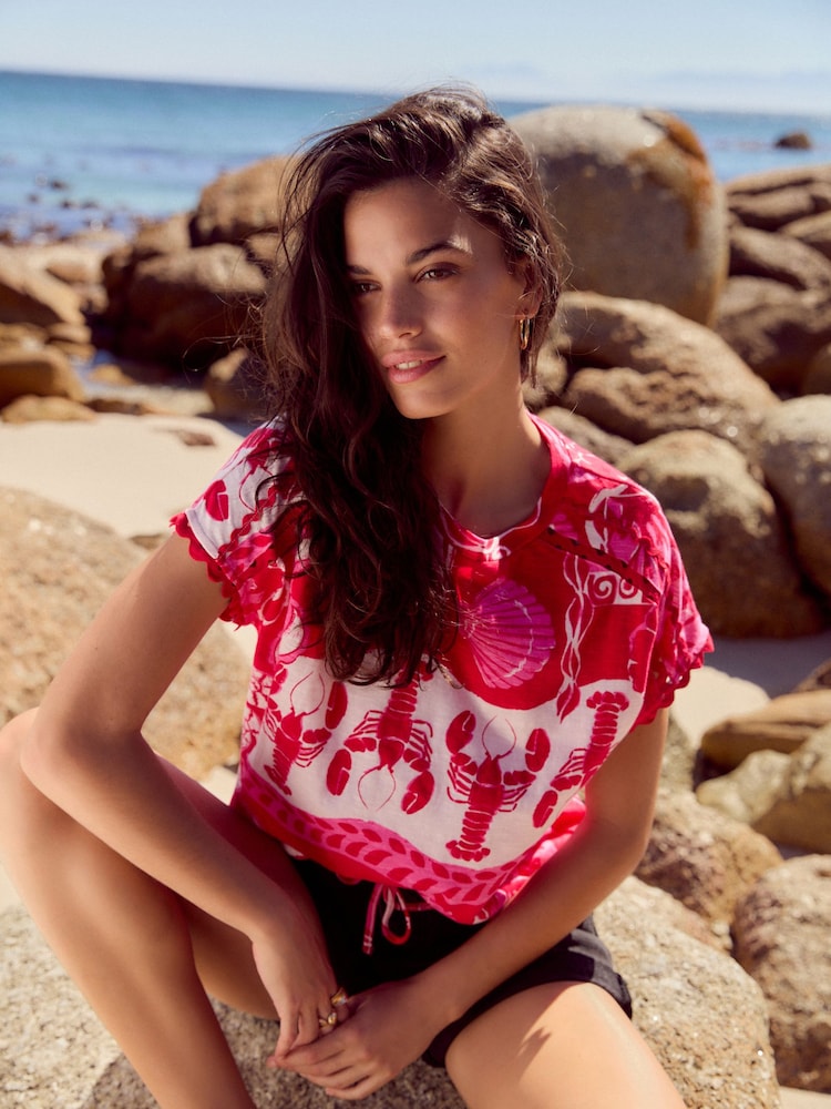 Red/Pink Print Short Sleeve Bubblehem 100% Cotton T-Shirt - Image 1 of 7