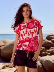 Red/Pink Print Short Sleeve Bubblehem 100% Cotton T-Shirt - Image 2 of 7