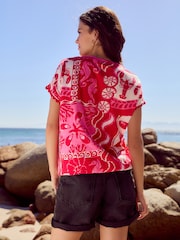 Red/Pink Print Short Sleeve Bubblehem 100% Cotton T-Shirt - Image 3 of 7