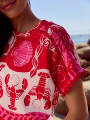 Red/Pink Print Short Sleeve Bubblehem 100% Cotton T-Shirt - Image 4 of 7