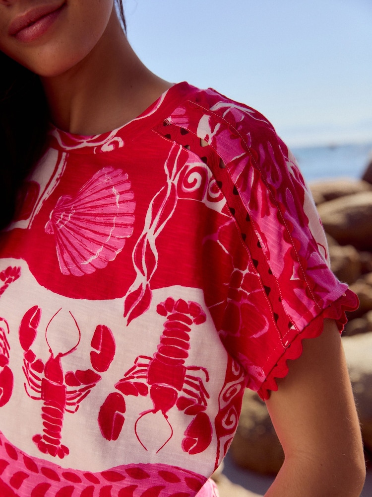 Red/Pink Print Short Sleeve Bubblehem 100% Cotton T-Shirt - Image 4 of 7