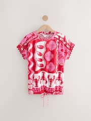 Red/Pink Print Short Sleeve Bubblehem 100% Cotton T-Shirt - Image 5 of 7