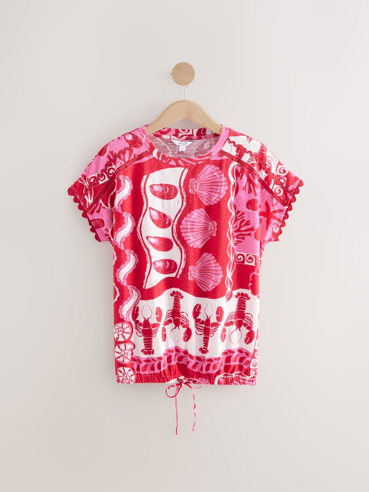 Red/Pink Print Short Sleeve Bubblehem 100% Cotton T-Shirt - Image 5 of 7