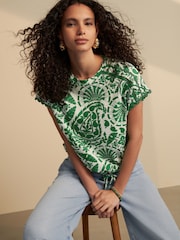 Green Print Short Sleeve Bubblehem 100% Cotton T-Shirt - Image 1 of 9