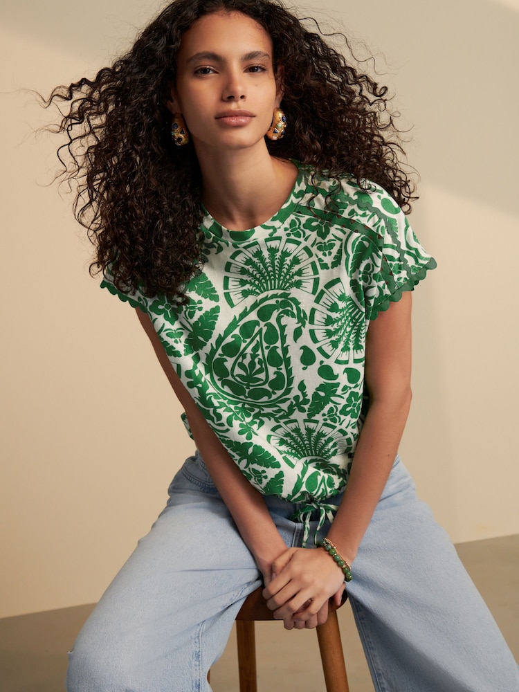 Green Print Short Sleeve Bubblehem 100% Cotton T-Shirt - Image 1 of 9
