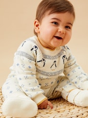 MORI Cream Penguin FairIsle Pattern Knitted 100% Organic Cotton Christmas Romper - Image 1 of 4