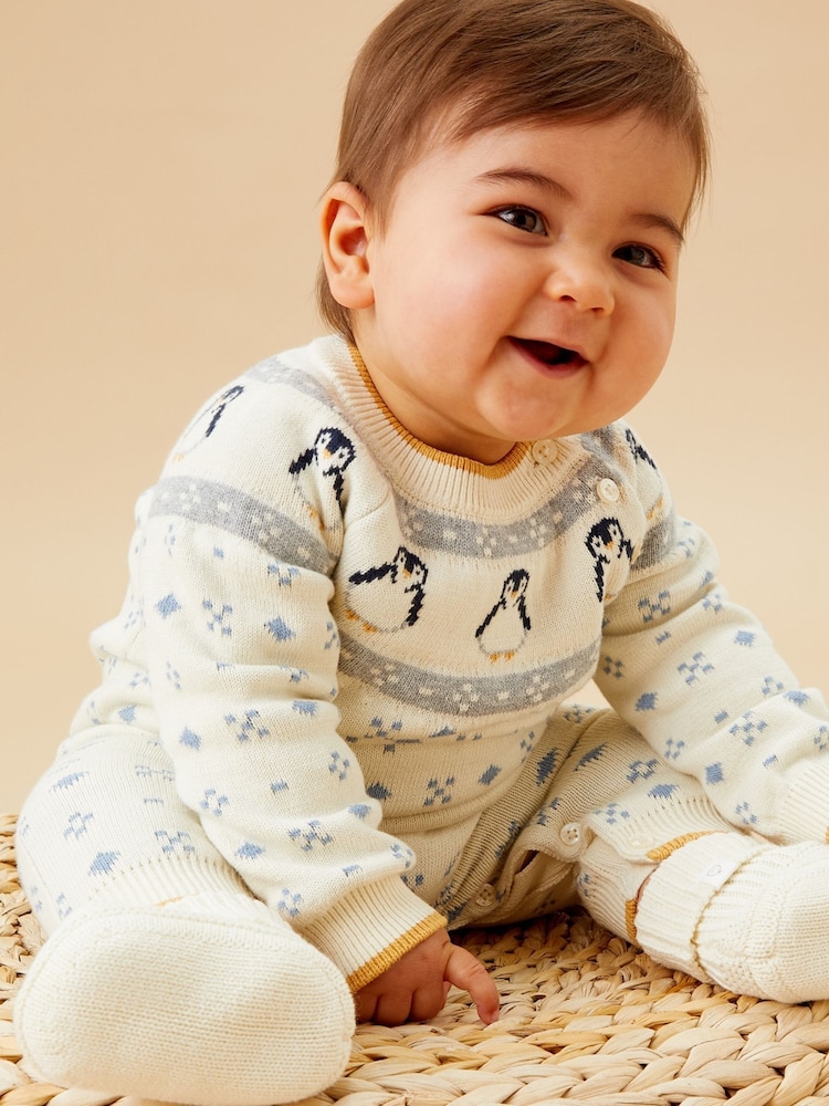 MORI Cream Penguin FairIsle Pattern Knitted 100% Organic Cotton Christmas Romper - Image 1 of 4