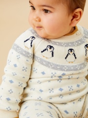 MORI Cream Penguin FairIsle Pattern Knitted 100% Organic Cotton Christmas Romper - Image 2 of 4