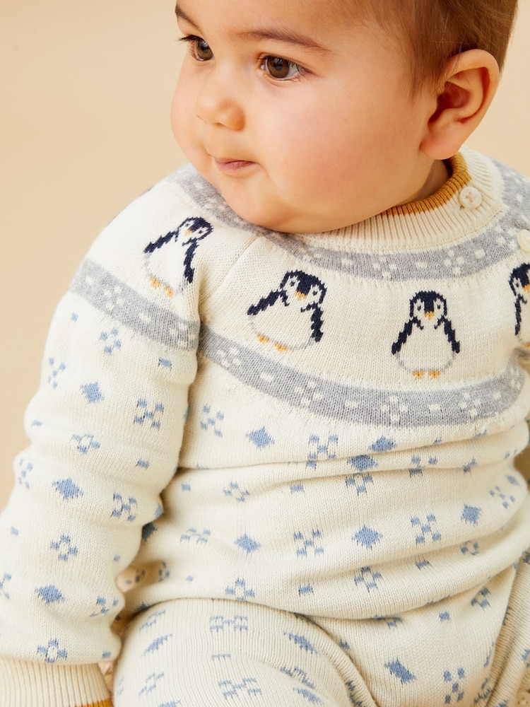 MORI Cream Penguin FairIsle Pattern Knitted 100% Organic Cotton Christmas Romper - Image 2 of 4