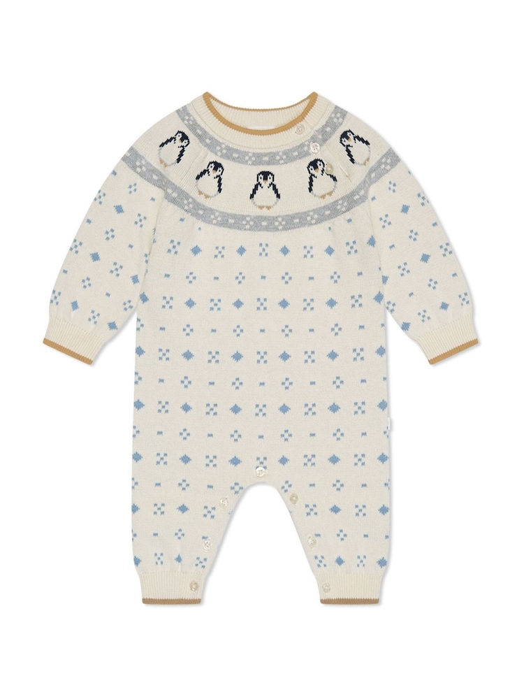 MORI Cream Penguin FairIsle Pattern Knitted 100% Organic Cotton Christmas Romper - Image 4 of 4