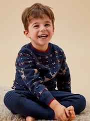 MORI Blue Reindeer Fair Isle Knitted 100% Organic Cotton Christmas Jumper - Image 1 of 3