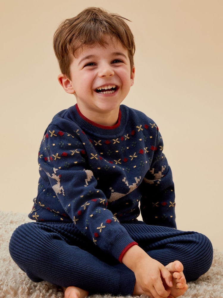 MORI Blue Reindeer Fair Isle Knitted 100% Organic Cotton Christmas Jumper - Image 1 of 3