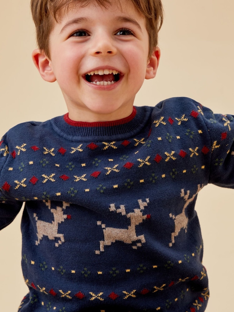 MORI Blue Reindeer Fair Isle Knitted 100% Organic Cotton Christmas Jumper - Image 2 of 3