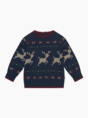 MORI Blue Reindeer Fair Isle Knitted 100% Organic Cotton Christmas Jumper - Image 3 of 3