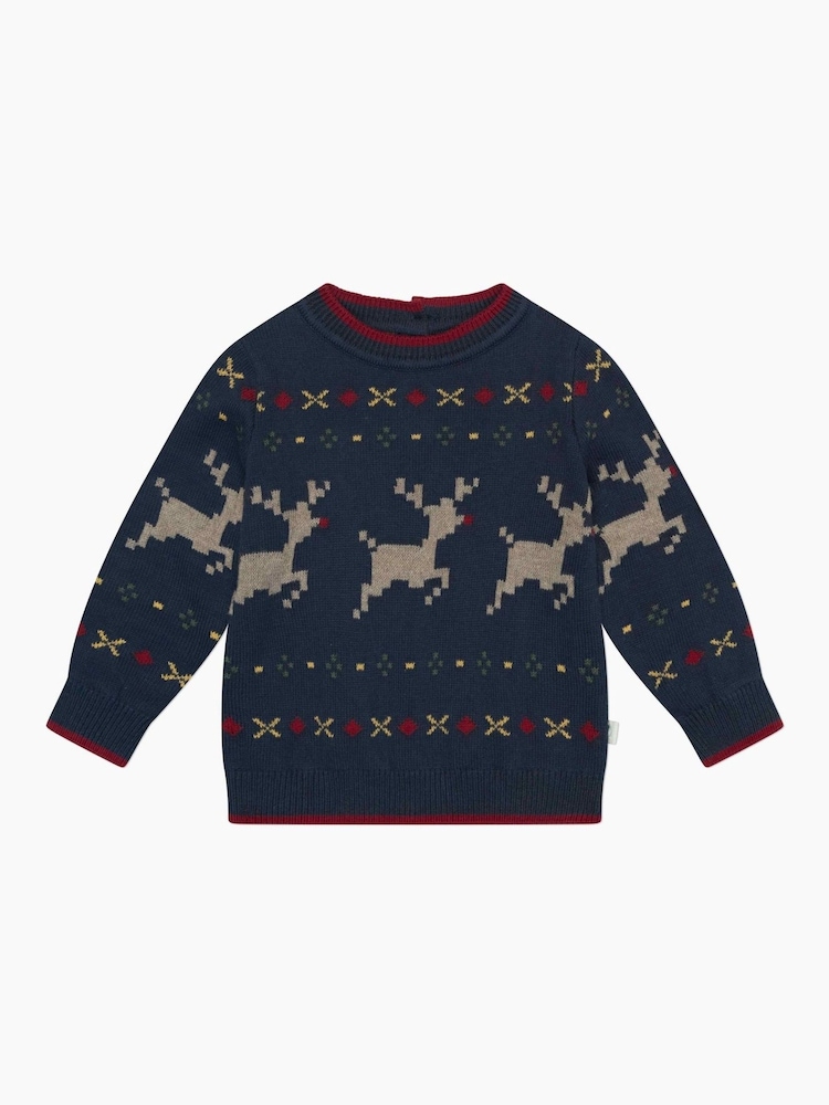 MORI Blue Reindeer Fair Isle Knitted 100% Organic Cotton Christmas Jumper - Image 3 of 3