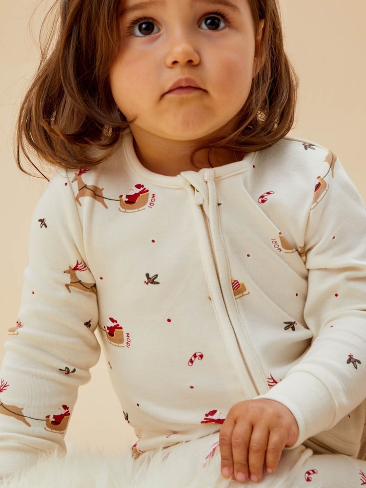 MORI Cream Jolly Journey Cotton & Bamboo Zip Up Christmas Sleepsuit - Image 1 of 7