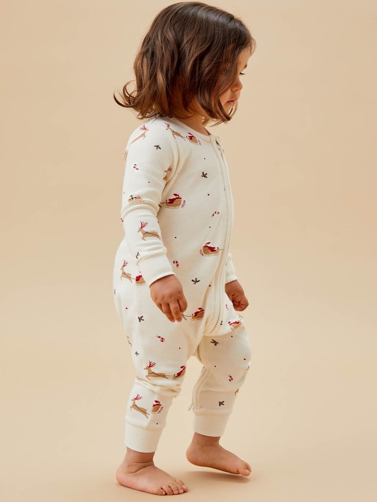 MORI Cream Jolly Journey Cotton & Bamboo Zip Up Christmas Sleepsuit - Image 2 of 7