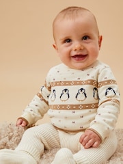 MORI Cream Penguin Fair Isle Pattern Knitted Cotton Christmas Jumper - Image 1 of 3