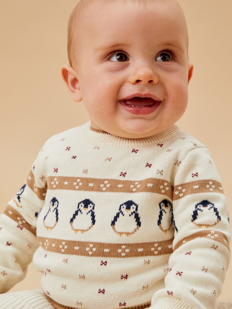 MORI Cream Penguin Fair Isle Pattern Knitted Cotton Christmas Jumper - Image 2 of 3