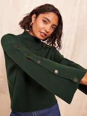 Friends Like These Green Flute Sleeve Button Funnel Neck Knit Jumper - Image 1 of 4