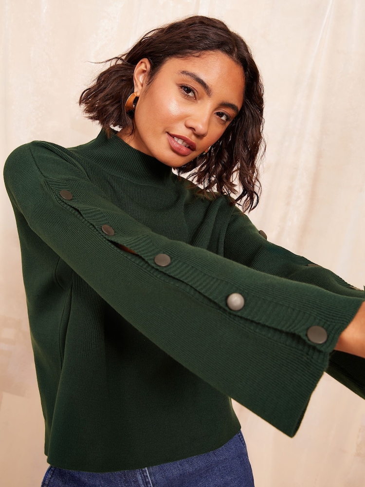 Friends Like These Green Flute Sleeve Button Funnel Neck Knit Jumper - Image 1 of 4