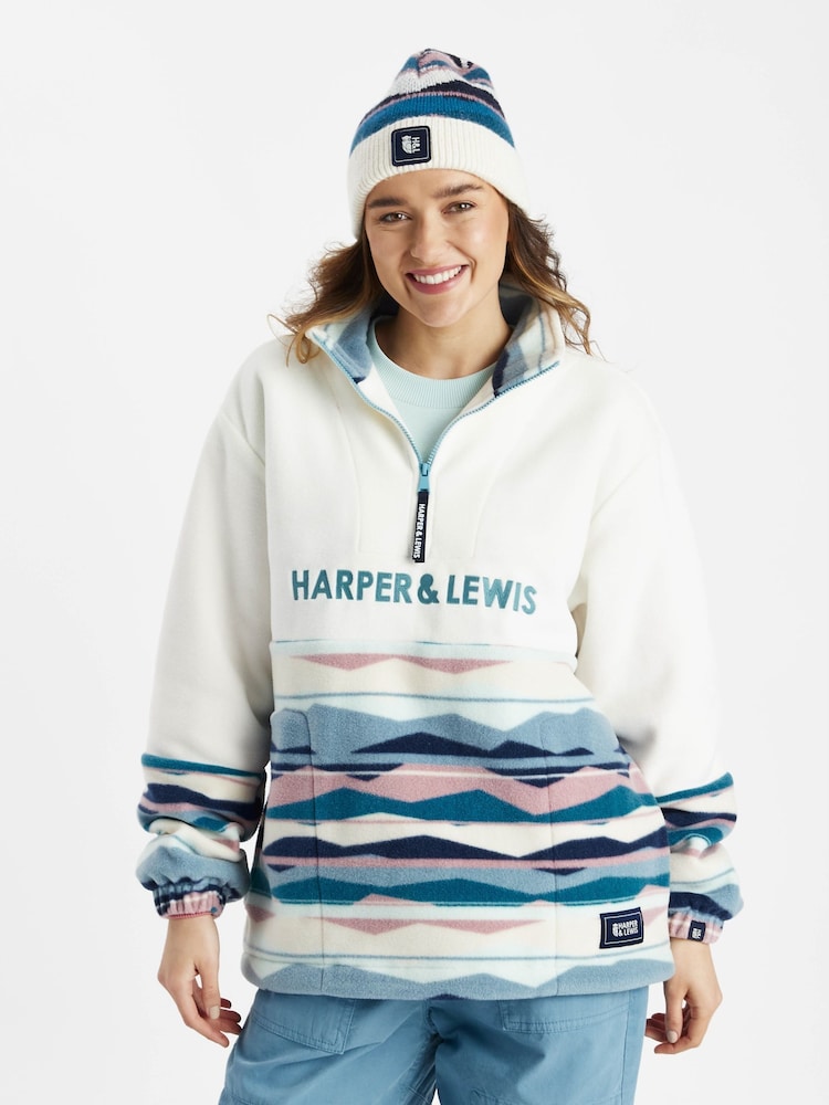 Harper & Lewis Cream Bronte Retro Pattern Quarter vetoketjullinen fleece - Kuva 1 / 7