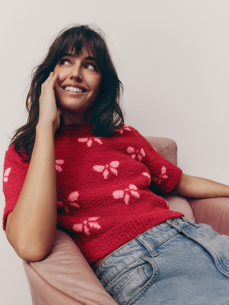 Red/Pink Short Sleeve Crew Neck Bow Knitted Jumper - Image 1 of 8