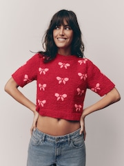 Red/Pink Short Sleeve Crew Neck Bow Knitted Jumper - Image 2 of 8