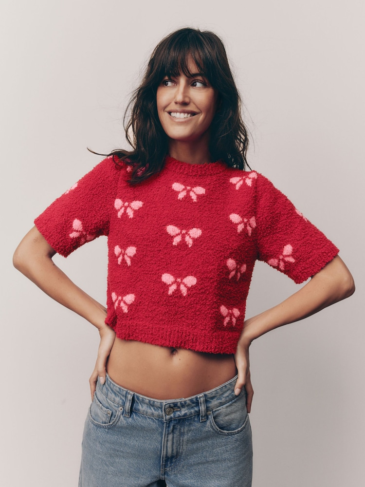 Red/Pink Short Sleeve Crew Neck Bow Knitted Jumper - Image 2 of 8